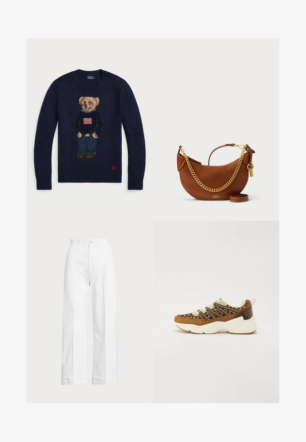 Jūras spēku zila adīta džemperis ar izšūtu lāča dizainu un karoga motīvu, džinsus debeszila krāsā un brūnas kurpes. Sarkans logo apakšmalā.; Baltas platās bikses ar augstu jostasvietu, ar pogu aizdari un smalkiem izšuvumiem. Izgatavotas no kokvilnas ar gludu tekstūru.; Zilo un sintētisko ādu gadījuma apavi ar leoparda rakstu augšdaļu, krēmveida šņorēm un masīvu baltu zoli, kurai ir spīdīga brūna papēža akcentācija.; Brūns ādas rokassomu ar izliekta dizaina, zelta ķēdes siksnu, iekšējo kabatu un noņemamu plecu siksnu. Ievērojama kontrastējoša šuvuma detaļa.