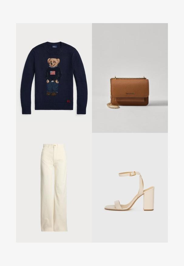 Sweater de malha azul-marinho com um design de urso de pelúcia bordado, um suéter com bandeira, jeans azul denim e sapatos castanhos. Logótipo vermelho na bainha.; Polo Ralph Lauren COTTON CORDUROY WIDE-LEG PANT - Calças - warm white; Sandalha de salto alto bege com bico quadrado, tira fina no tornozelo e salto bloco. Textura de couro suave com detalhe de fivela dourada.; Bolsa crossbody de couro texturizado castanho com alça de corrente dourada e fecho com aba. A parte da frente apresenta detalhe do logótipo e um bolso sob a aba.