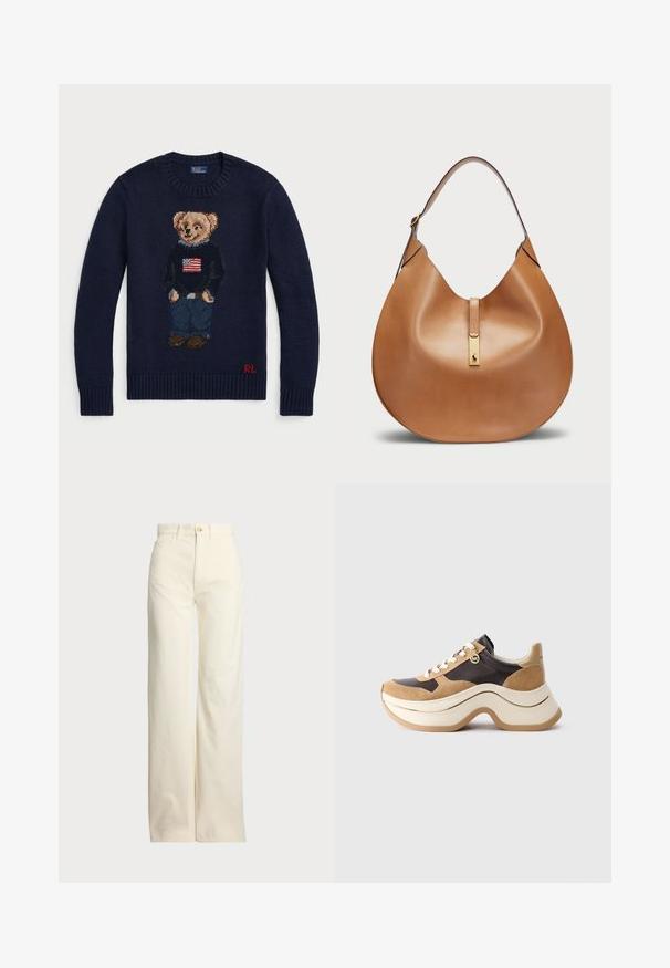 Tumes sinine kudumipusaga sviiter, millel on tikitud karukujuline disain ja lipp, sinised teksad ning pruunid kingad. Punane logo allääres.; Polo Ralph Lauren COTTON CORDUROY WIDE-LEG PANT - Püksid - warm white; Kruusaga tossud beežis ja tumeses pruunis, koos nahkdetailide, valgete paelte ning väikese kuldse MK ripatsiga küljes.; Kohvane nahast käekott, millel on kaarjas kuju ja lai õlavööt. Koti keskosas on kuldne metallne detail ning pind on sile.
