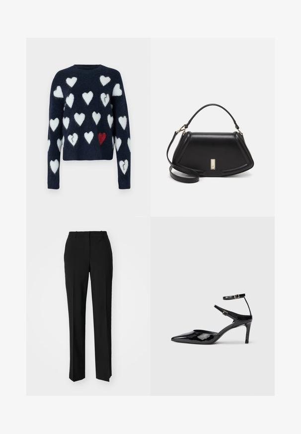 Granatowy sweter z puszystego materiału, z wzorem białych i jednego czerwonego serca. Okrągły dekolt, długie rękawy, krótki krój.; Czarne spodnie o dopasowanym kroju z prostymi nogawkami, o gładkiej fakturze i wyraźnych zagięciach z przodu. Bez widocznych elementów metalowych.; Czarne lakierowane szpilki z ostrym noskiem, regulowanymi paskami wokół kostki i smukłą szpilką. Gładka tekstura z błyszczącym wykończeniem.; Czarna skórzana torebka o strukturalnym designie, z przyciętą formą, górnym uchwytem i złotymi akcentami. W zestawie regulowany pasek na ramię.