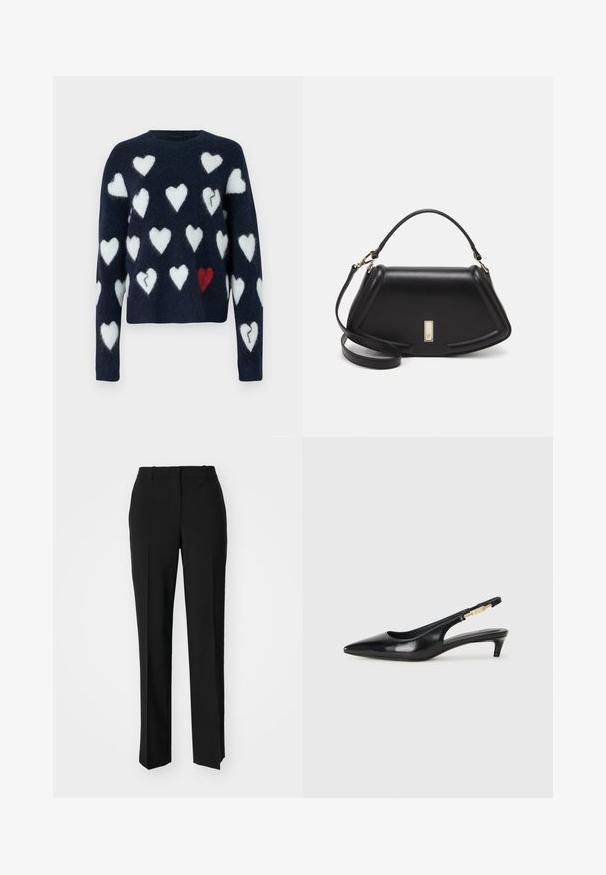 Granatowy sweter z puszystego materiału, z wzorem białych i jednego czerwonego serca. Okrągły dekolt, długie rękawy, krótki krój.; Czarne spodnie o dopasowanym kroju z prostymi nogawkami, o gładkiej fakturze i wyraźnych zagięciach z przodu. Bez widocznych elementów metalowych.; Czarne skórzane szpilki typu slingback z ostrym noskiem, posiadające smukły obcas i złoty akcent na regulowanym pasku. Gładka tekstura.; Czarna skórzana torebka o strukturalnym designie, z przyciętą formą, górnym uchwytem i złotymi akcentami. W zestawie regulowany pasek na ramię.