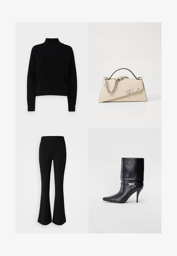 Maglione a collo alto nero a coste, con maniche lunghe e vestibilità cropped. Presenta un dettaglio con bottoni sulla spalla per un tocco di design in più.; Pantaloni neri a zampa d'elefante realizzati in un materiale elastico con una texture liscia, caratterizzati da dettagli delle cuciture lungo la parte anteriore per un tocco di design in più.; Stivale ankle in pelle nera con punta affusolata, alto tacco a stiletto, risvolto sulla caviglia e un elegante dettaglio in oro con fibbia decorativa.; Borsa a mano in pelle beige con una forma triangolare strutturata, dotata di un manico in catena argentata e di un logo in metallo scritto in corsivo.