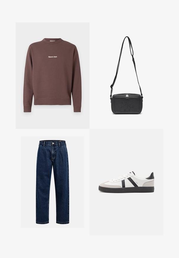 Felpa marrone con collo a giro, orlo e polsini a coste. Presenta una scritta ricamata bianca "Original Studio" sul petto. Materiale misto cotone.; Jeans in denim blu scuro con design a gamba dritta. Presentano cuciture visibili, una chiusura con bottone e pieghe frontali per un tocco di dettaglio in più.; Sneaker bianco con accenti neri e grigi, dotata di una punta grigia testurizzata, suola in gomma nera e lacci bianchi piatti. Design pulito, stile minimalista.; Borsa a tracolla nera in pelle con chiusura zip, logo impresso sul davanti e tracolla regolabile. Texture liscia con forma rettangolare.
