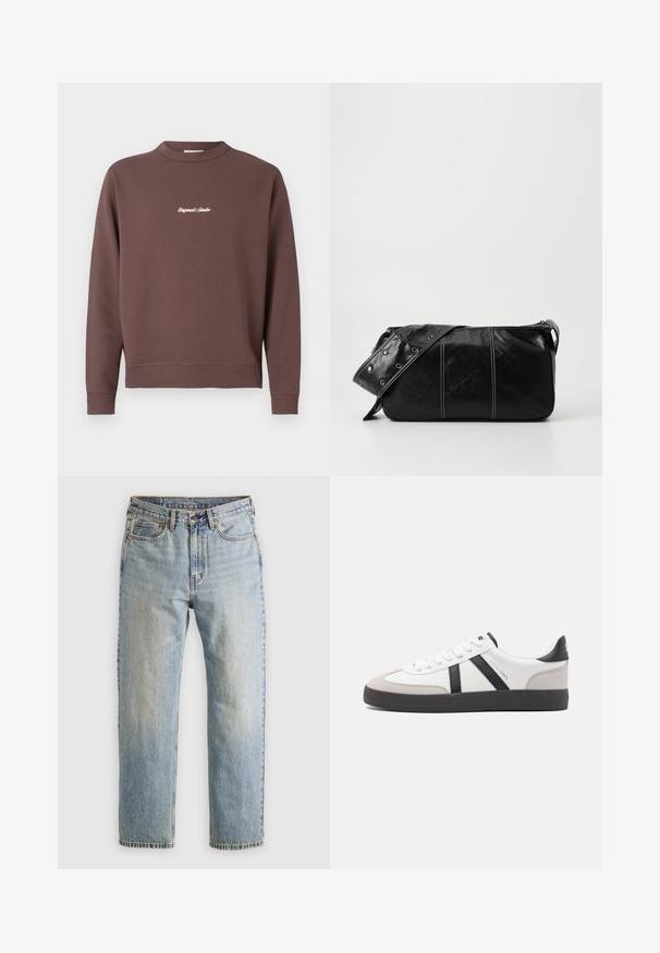 Felpa marrone con collo a giro, orlo e polsini a coste. Presenta una scritta ricamata bianca "Original Studio" sul petto. Materiale misto cotone.; Jeans in denim azzurro chiaro con vita alta, bottone anteriore, cerniera e design a cinque tasche, adagiati su uno sfondo neutro.; Sneaker bianco con accenti neri e grigi, dotata di una punta grigia testurizzata, suola in gomma nera e lacci bianchi piatti. Design pulito, stile minimalista.; Borsa a spalla in pelle nera con chiusura a zip, caratterizzata da un corpo testurizzato, cuciture bianche e una tracolla con occhielli in argento.