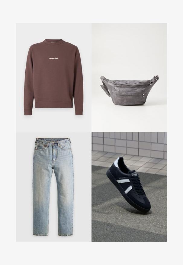 Bruine sweatshirt met een ronde hals, ribgebreide zoom en manchetten. Bevat witte geborduurde tekst "Original Studio" op de borst. Gemaakt van een katoenmix.; Lichtblauwe denim jeans met hoge taille, frontknop, rits en vijfzakkenontwerp, plat gelegd op een neutrale achtergrond.; Zwarte leren sneaker met witte strepen, een gestructureerde rubberen zool en vetersluiting aan de voorkant. Voorzien van een merklabel op de tong.; Grijze suède heuptas met een ronde vorm, twee met rits afgesloten compartimenten en een verstelbare band. Voorzien van metalen accenten.