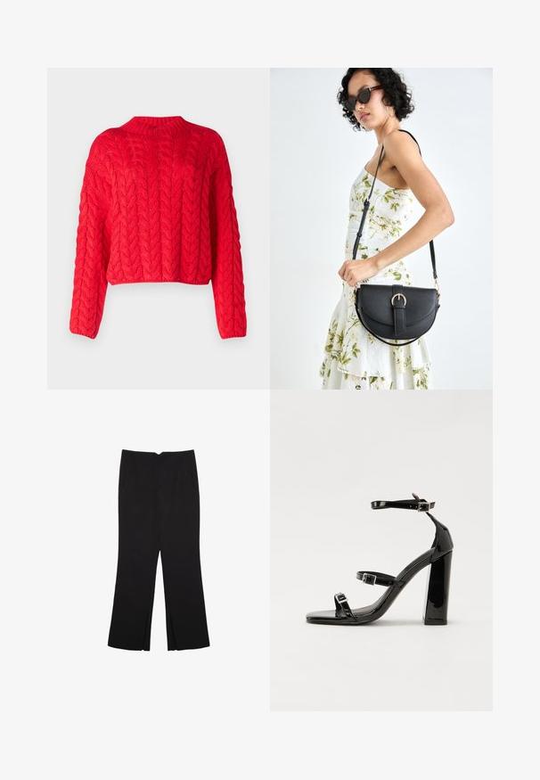 Rdeč pulover pleten na žico z visokim ovratnikom, dolgimi rokavi in skrajšanim robom. Debela tekstura z dvignjenimi, prepletenimi vzorci po celotni površini.; Črne hlače ravnega kroja z naglavnimi žepi in stranskimi razporki na robu. Narejene iz mehke, gladke tkanine. Primerne za različne priložnosti.; Črne lakirane sandale s peto, kvadratnim prstom, trakovi okrog gležnja in srebrnimi zaponkami. Opremljene so s stabilno Debelo peto.; Črna usnjena torbica s ukrivljeno obliko, z odstranljivo naramnico in zlatimi dodatki. Torbica ima pokrov s podrobnostmi v obliki zaponke.