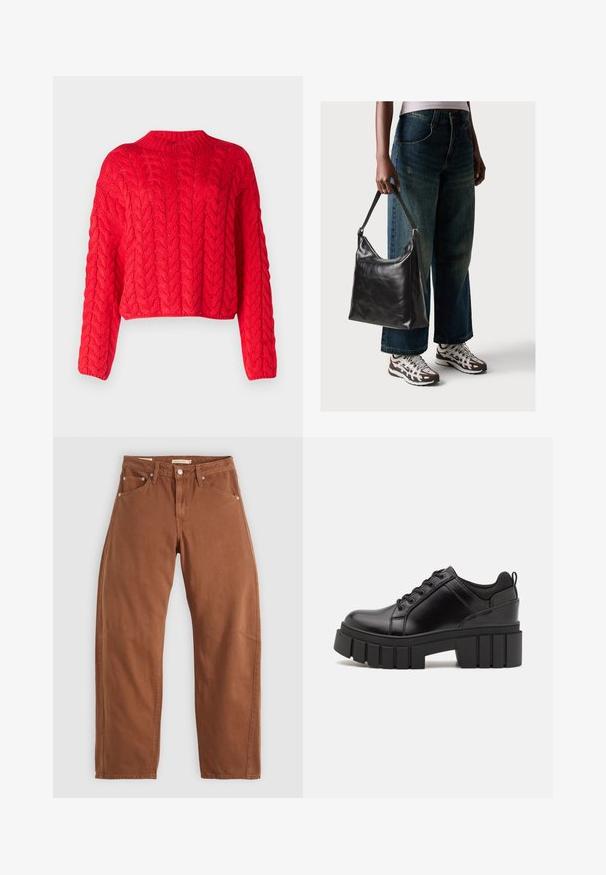 Rdeč pulover pleten na žico z visokim ovratnikom, dolgimi rokavi in skrajšanim robom. Debela tekstura z dvignjenimi, prepletenimi vzorci po celotni površini.; Rjavi rjavi ravni hlače z zadrgo in zankami za pas, z zadnjimi in sprednjimi žepi ter kovinskimi zakovicami, razpolagane na beli podlagi.; Črne usnjene platforme z debelim blokastim petam, okroglo konico in klasičnim vezanjem. Imajo gladko teksturo in minimalne podrobnosti.; Črna usnjena torba za ramo z gladko teksturo in nastavljivim trakom, v kombinaciji z zbledelimi širokimi hlačami in športnimi supergami.