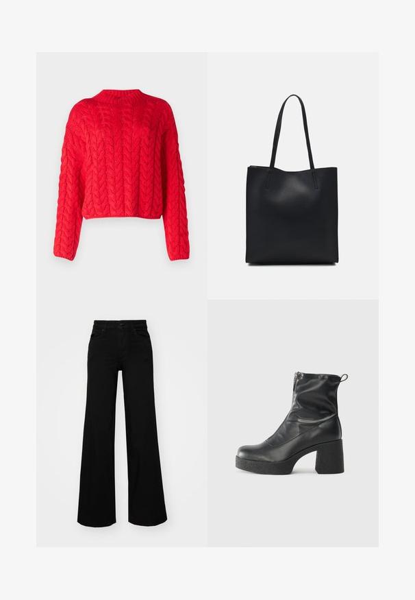 Sarkans džemperis ar augstu apkakli, garām piedurknēm un īsu apakšu. Bieza tekstūra ar paceltiem, savstarpēji savienotiem rakstiem visā virsmā.; Melni plaša kāju bikses, izgatavotas no džinsa, ar strukturētu jostu, jostu cilpiņām un priekšējām kabatām. Gluda tekstūra ar klasisku dizainu.; Melni potītes zābaki, kas izgatavoti no gludas ādas, ar sānu rāvējslēdzēju, masīvu strukturētu papēdi un noapaļotu purngalu.; Melnas ādas somiņa ar gludu tekstūru, taisnstūra formu un divām garām rokturiem. Nav redzamu aparatūras vai rotājumu.