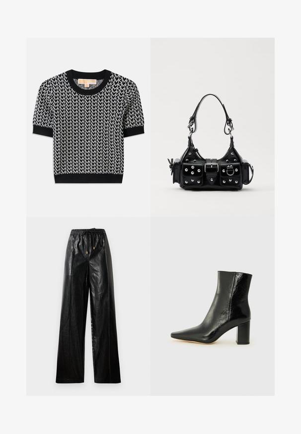 Pull noir à manches courtes avec un motif de flèche tissé en blanc. Col et poignets côtelés, coupe ajustée et texture douce.; Top court noir sans manches avec un motif répétitif de logo MK blanc, encolure ronde et larges bretelles. Texture lisse.; Pantalon large en cuir noir avec une taille élastique, un cordon de serrage et des accents en matériel doré. Texture lisse et coupe décontractée.; Bottines noires en cuir brillant avec un nez pointu et un talon large et carré. Présente une texture lisse et un design minimaliste.; Sac à main en cuir noir au design courbé, avec des clous en argent, une boucle et deux poches latérales. Bandoulière réglable pour différentes options de transport.