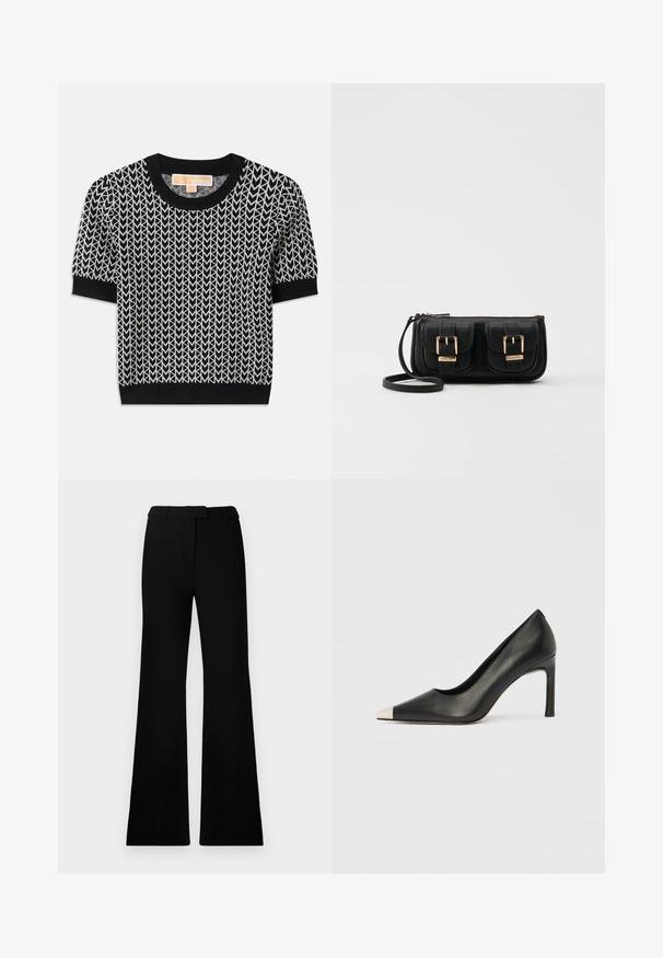 Pull noir à manches courtes avec un motif de flèche tissé en blanc. Col et poignets côtelés, coupe ajustée et texture douce.; Pantalons évasés noirs avec une texture lisse, une taille cintrée et des poches avant, conçus avec une silhouette moderne et élégante.; Chaussure à talon haut en cuir noir avec bout pointu et capuchon argenté métallique. Présente une finition lisse et un talon fin de 10 cm.; Sac en cuir noir porté en travers avec deux poches avant, boucles dorées, fermeture zippée et une sangle fine. Surface texturée et forme rectangulaire compacte.