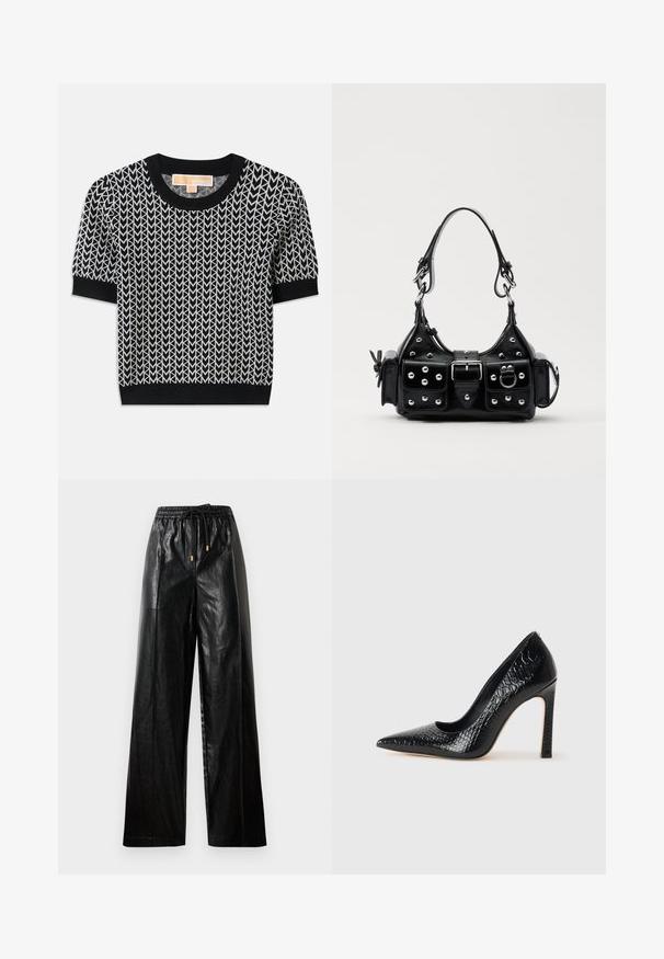 Schwarzer Kurzarmpullover mit einem gewebten Pfeilmuster in Weiß. Rippkragen und -bündchen, mit figurnaher Passform und weicher Textur.; Schwarze Leder-Hosen mit weitem Beinschnitt, elastischem Taillenbund, Kordelzug und goldenen Hardware-Akzenten. Glatte Textur und lockerer Schnitt.; Schwarzer, spitz zulaufender High Heel mit Krokodilleder-Struktur, elegantem Design, hohem Stiletto-Absatz und glattem schwarzen Innenraum.; Schwarze Lederhandtasche mit einem geschwungenen Design, verziert mit silbernen Nieten, einer Schnalle und zwei seitlichen Taschen. Verstellbarer Träger für verschiedene Tragemöglichkeiten.
