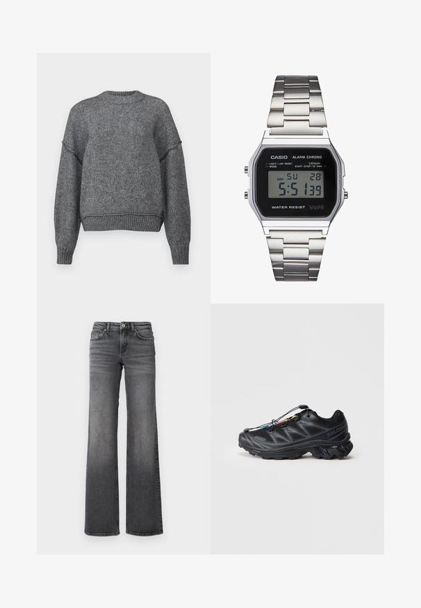 Šedý pletený svetr s kulatým výstřihem, dlouhými rukávy a žebrovaným lemem. Disponuje texturovanou tkaninou s mírně volným střihem.; Džínové kalhoty s rovnými nohavicemi v tmavě šedé barvě s jemným vyblednutím na stehnech a standardním pětikapsovým designem na bílém pozadí.; Černá atletická bota s texturovaným síťovaným svrškem, zpevněnou špičkou a rychlým systémem šněrování. Disponuje robustní podešví a mírným zvýšením paty.; Digitální hodinky Casio s černým ciferníkem, stříbrným nerezovým páskem, obdélníkovým pouzdrem a tlačítky pro osvětlení, resetování kola a nastavení režimu.