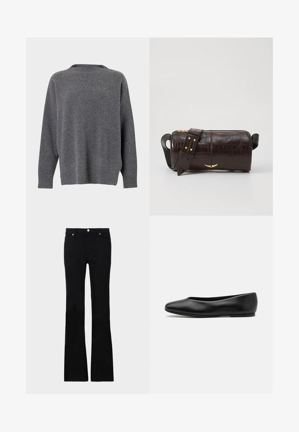 Maglione grigio scuro a manica lunga con collo giro, presentato su uno sfondo bianco semplice, con polsini, orlo e scollatura a costine.; Jeans neri svasati in denim, dotati di due tasche anteriori, chiusura con bottone e una texture liscia. Cuciture iconiche visibili nei punti di giuntura.; Paul Smith TOPANGA - Ballerine - black; Borsa in pelle stampata a coccodrillo marrone con forma cilindrica, accessori in tonalità oro e una tracolla staccabile con borchie.