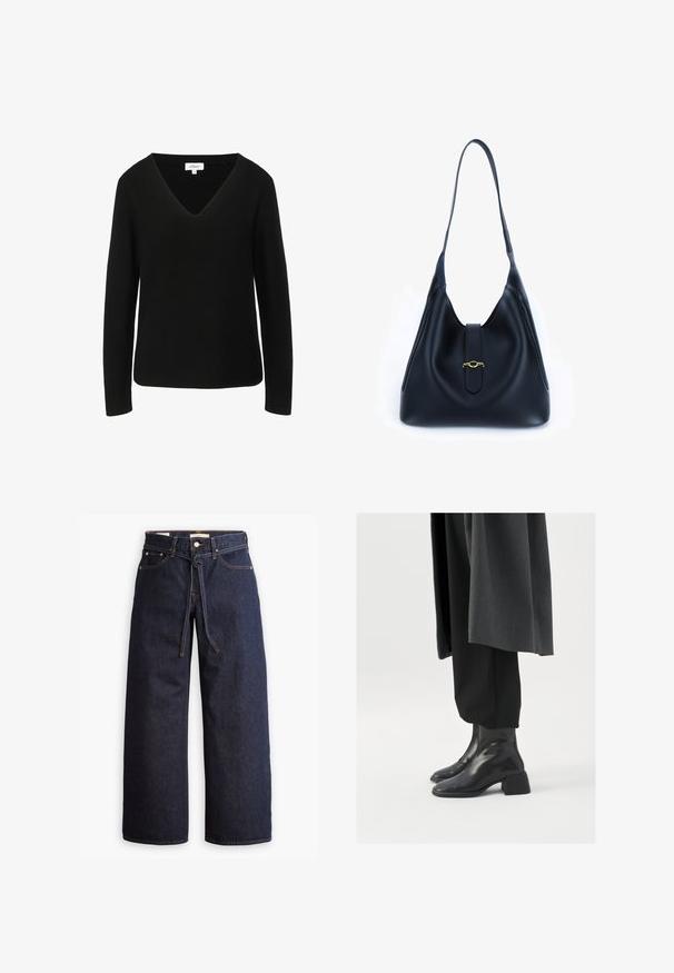 Zwarte lange mouwen trui met een V-hals ontwerp, gemaakt van een textuur gebreid stof. Heeft een recht gesneden zoom en een subtiel merkembleem.; Marineblauwe coltrui met lange mouwen. Gemaakt van zachte stof met een gladde textuur. Heeft een aansluitend ontwerp en een hoge kraag zonder zichtbare naden.; Wijd pijpjes donkerblauwe denim jeans met een hoge taille, voorzien van een trekkoord, vijf zakken en contrasterende stiksels.; Zwarte leren enkellaarzen met een vierkant teen en een chunky hak, gedragen met losse zwarte broek en een donkergrijze jas. Glad oppervlak.; Zwarte leren handtas met een zachte, slordige ontwerp. Voorzien van een platte schouderriem en een centrale sluiting versierd met een gouden accent.