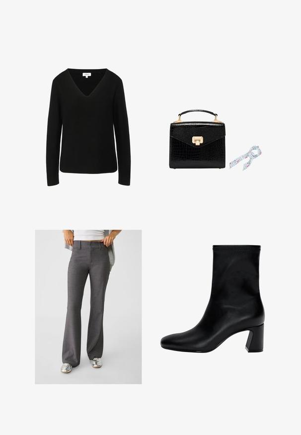 Schwarzer Pullover mit langen Ärmeln und V-Ausschnitt, hergestellt aus einem strukturierten Strickstoff. Verfügt über einen geraden Saum und ein dezentes Markenlabel.; Graue, ausgestellte Hosen aus strukturiertem Stoff, mit einer Zwei-Knopf-Verschluss und Gürtelschlaufen, kombiniert mit glänzenden silbernen Sneakers.; Schwarzer Knöchelstiefel aus glattem Leder. Mit quadrater Zehenpartie, elastischem Schaft und einem stabilen Blockabsatz. Minimalistisches Design.; Schwarze Handtasche aus Krokodilprägung mit goldenen Beschlägen, rechteckige Form, Obergriff und einem hellblauen Dekoschal mit floralen Mustern.