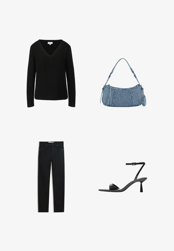 Črn pulover z dolgimi rokavi in V-izrezom, izdelan iz strukturotkanega blaga. Ima naravnost rezan spodnji rob in neopazno oznako blagovne znamke.; Črne jeans hlače s ravnim krojem, petimi žepi, kovinskim gumbom za zapiranje in subtilnimi šiviljskimi podrobnostmi. Gladka tekstura.; Bershka Sandali z visoko peto - black; Denim torbica s zakrivljenim oblikom, svetlo modre barve, nastavljivim naramnicam in majhno odstranitveno torbico z metalnimi detajli.
