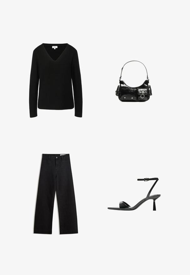 Czarny sweter z długim rękawem z dekoltem w kształcie litery V, wykonany z teksturowanej dzianiny. Posiada prosty dół i subtelną metkę marki.; Czarne dżinsowe spodnie o szerokich nogawkach i wysokim stanie, z przednimi i tylnymi kieszeniami, przeszyciami oraz zapięciem na guziki. Gładka struktura.; Bershka - Sandały na obcasie; Czarna torebka z lakierowanej skóry o zaokrąglonym kształcie, z jednym paskiem na ramię, przednimi kieszeniami i akcentami w kolorze srebrnym.