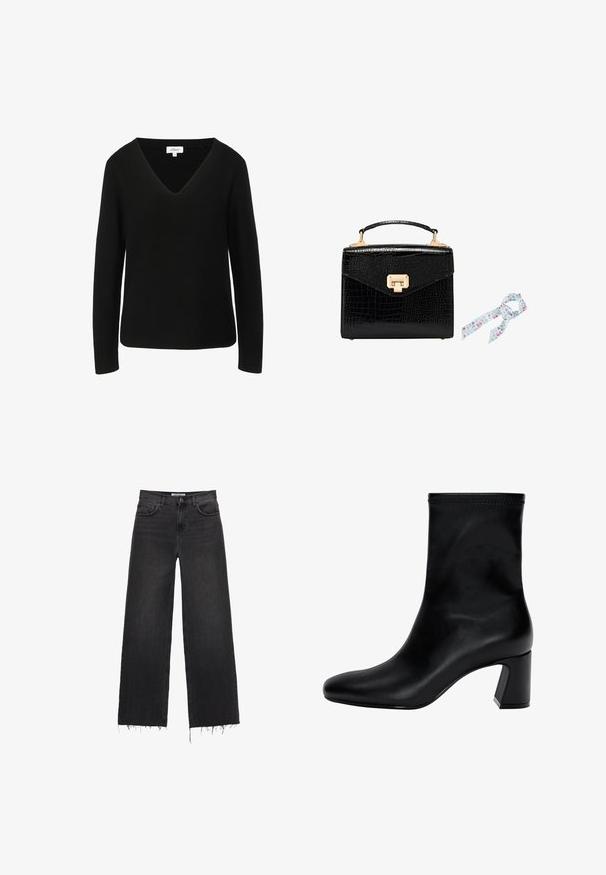 Schwarzer Pullover mit langen Ärmeln und V-Ausschnitt, hergestellt aus einem strukturierten Strickstoff. Verfügt über einen geraden Saum und ein dezentes Markenlabel.; Hoch taillierte schwarze Jeans mit weitem Bein, fransigem Saum, fünf Taschen und Knopfverschluss. Glatte Textur mit einem verblassten Finish.; Schwarzer Knöchelstiefel aus glattem Leder. Mit quadrater Zehenpartie, elastischem Schaft und einem stabilen Blockabsatz. Minimalistisches Design.; Schwarze Handtasche aus Krokodilprägung mit goldenen Beschlägen, rechteckige Form, Obergriff und einem hellblauen Dekoschal mit floralen Mustern.