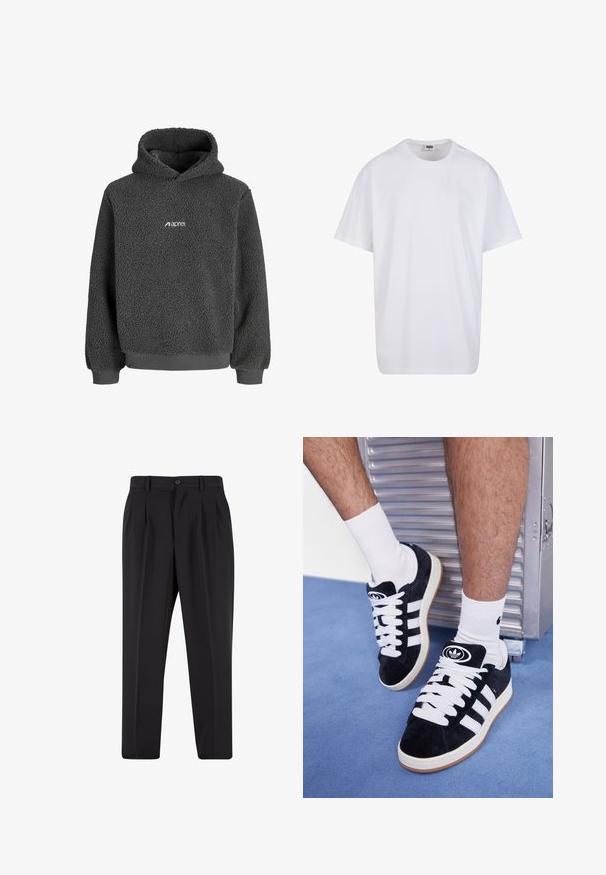 Felpa grigia in pile con superficie texturizzata, tasca a marsupio e polsini e orlo a coste. Presenta un piccolo logo bianco sulla parte anteriore.; Maglietta bianca in cotone con maniche corte, scollatura rotonda, vestibilità comoda e senza loghi o motivi visibili. Texture liscia e design minimale.; Pantaloni neri con design a pieghe sul davanti, realizzati in tessuto morbido. Presentano una chiusura con bottone e passanti per cintura; vestibilità a gamba dritta.; Sneakers in suede nero con lacci bianchi e tre strisce bianche. Presentano un logo circolare nero sulla linguetta e una suola in gomma color gomma.