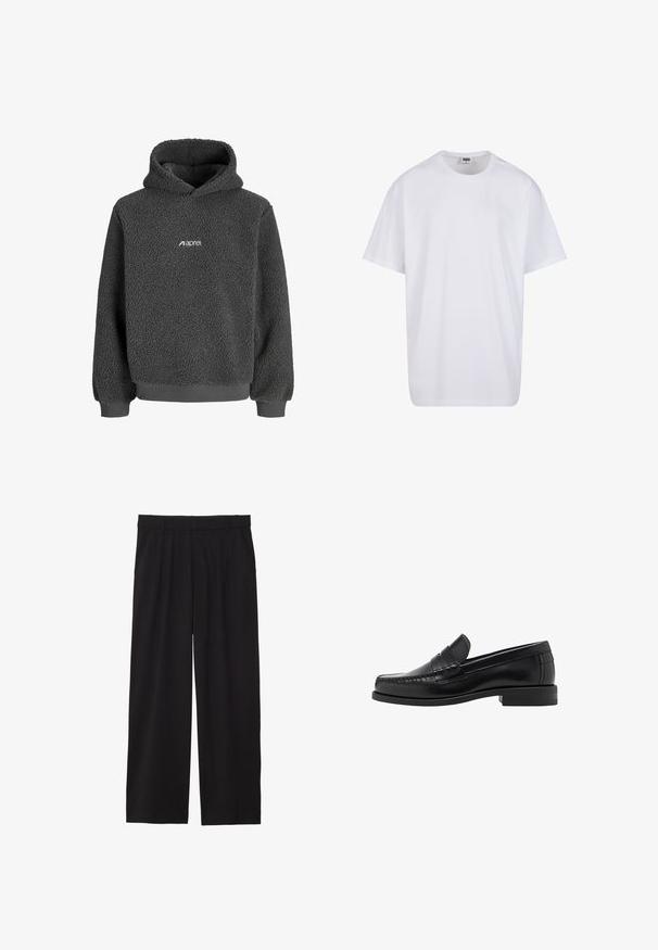 Gray fleece hoodie with a textured surface, kangaroo pocket, and ribbed cuffs and hem. Features a small white logo on the front.; White cotton t-shirt with short sleeves, rounded neckline, relaxed fit, and no visible logos or patterns. Smooth texture and minimal design.; Black wide-leg trousers with a pleated front, side pockets, and a smooth fabric texture. Designed for a relaxed fit.; Black leather loafers with a smooth finish, stitched detailing on the toe, and a low heel design for comfort and style.
