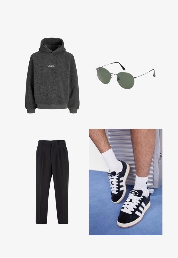 Šedá fleece mikina s textúrovaným povrchom, kengurskou vreckom a rebrovanými manžetami a spodným lemom. Na prednej strane je malá biela logo.; Biela tričko s krátkym rukávom vyrobené z bavlny, s okrúhlym výstrihom a voľným strihom. Hladká textúra, bez viditeľných vzorov alebo akcentov.; Čierne nohavice s plisovaným predným dizajnom, vyrobené z hladkej látky. Majú zapínanie na gombík a pútka na opasok; rovný strih.; Čierne semišové tenisky s bielymi šnúrkami a tromi bielymi pruhmi. Obsahujú kruhové čierne logo na jazyku a gumovú podrážku.; Sunglass s metalovým rámom s oválnymi zelenými šošovkami. Tenký strieborný kovový rám a čierne štuple za uši. Minimalistický dizajn, bez viditeľných log.