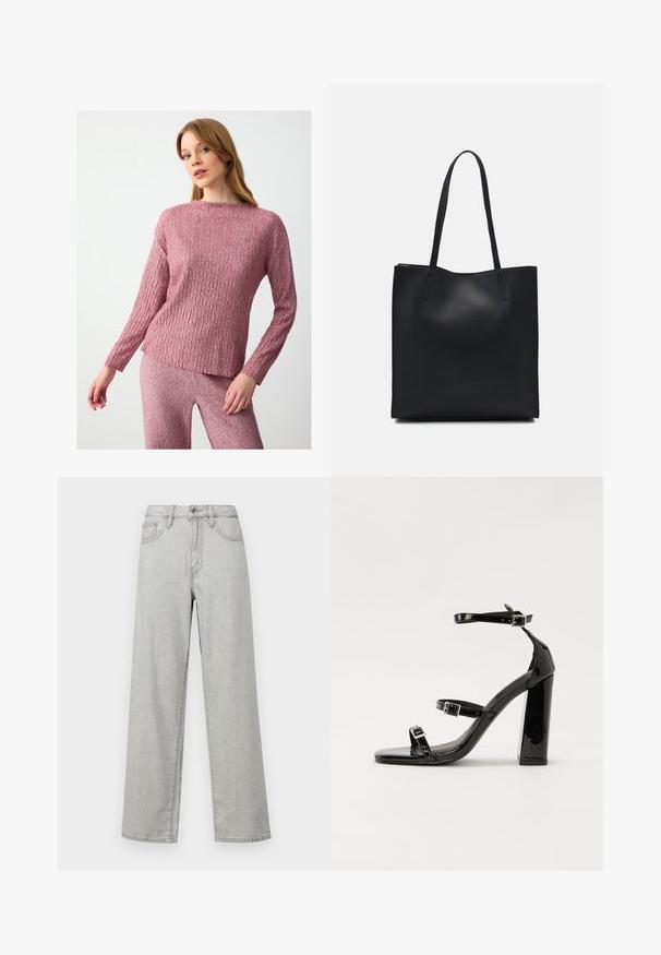 Roze gebreide trui met een textuur in visgraatpatroon, lange mouwen en een ontspannen, iets cropped pasvorm.; Lichtgrijze wijde jeans van denim, met een hoge taille, voorkeuringen en een standaardsluiting met een knoop en rits.; Zwarte gepatenteerde sandalen met hak en een vierkante neus, enkelbandjes en zilveren gespen. Heeft een stevige blokhak voor stabiliteit.; Zwarte leren handtas met een gladde textuur, rechthoekige vorm en twee lange handvaten. Geen zichtbare hardware of versieringen.