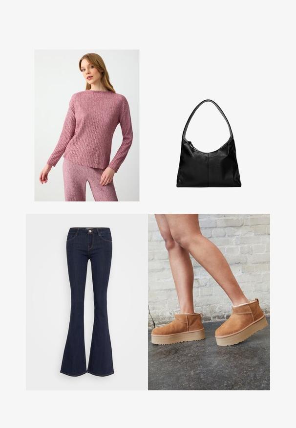 Rosa gestrickter Pullover mit einem strukturierten Fischgrätmuster, langen Ärmeln und einem lockeren, leicht verkürzten Schnitt.; Dunkelblaue, ausstellende Jeans mit einer schmalen Taille, vorderer Knopfverschluss, Fünf-Taschen-Design und Nahtdetails entlang der Beine.; Braune Wildleder-Stiefeletten mit einem weichen Futter, dicker beige Plateau-Sohle und einer Zuglasche auf der Rückseite. Strukturiert Oberfläche mit sichtbaren Nähdetails.; Schwarze Leder-Umhängetasche mit glatter Textur, geschwungenem oberen Rand und einem einzigen Tragegurt. Sie verfügt über einen Reißverschluss und ein minimalistisches Design.