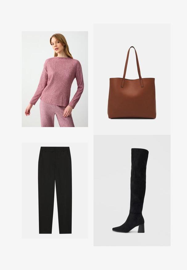 Maglione a maglia color rosa con un motivo a spina di pesce testurizzato, maniche lunghe e una vestibilità rilassata, leggermente accorciata.; Pantaloni neri dal design sartoriale, con tasche laterali e gamba dritta. Realizzati in tessuto liscio e leggero con una finitura elegante.; Stivale in suede nero alto fino al ginocchio con tacco a blocco, punta affusolata e design liscio e senza cuciture su uno sfondo chiaro e semplice.; Borsa tote in pelle marrone con texture liscia, design con apertura superiore e due spallacci. Presenta cuciture minime e nessun hardware visibile.