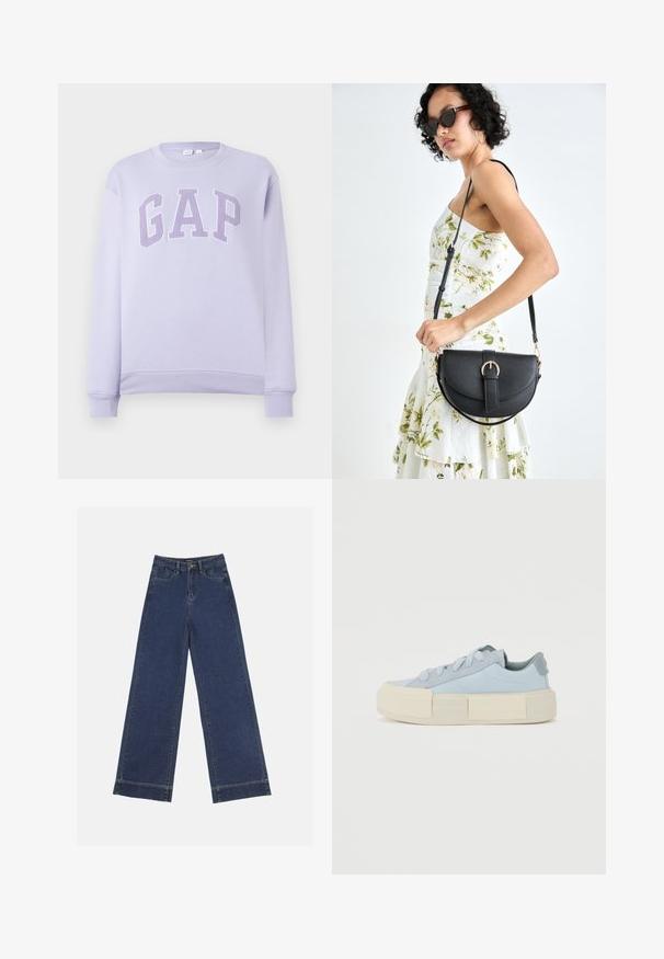 Gaiši purpursarkans kreklveida džemperis ar garām piedurknēm un lielu teksturētu "GAP" logotipu uz krūtīm atbilstošos purpursarkanos toņos.; Platās kājas džinsi tumši zilā denima krāsā. Iespējas: piecas kabatas, siksnu cilpas un neapstrādāta apakša ar redzamām šuvju detaļām.; Gaiši zili auduma sporta apavi ar biezu krēma krāsas gumijas zoli, ar apaļām auklām un gludu struktūru ar nelieliem akcentiem.; Melnas ādas rokassoma ar izliekta formu, noņemamu siksnu un zelta aksesuāriem. Somai ir vāciņš ar sprādzes detaļu.