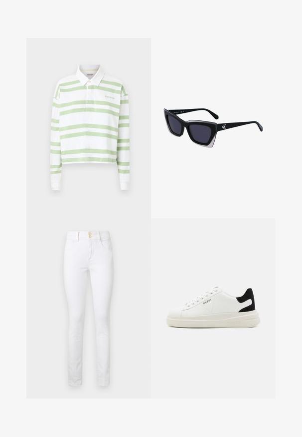 Polo shirt accorciato con tessuto bianco e righe orizzontali verdi, colletto a bottoni e logo ricamato sul lato sinistro del petto.; Jeans skinny in denim bianco con vita alta, due tasche frontali e chiusura con bottone dorato. Texture liscia, silhouette aderente e senza motivi visibili.; Sneaker bianchi in pelle con suola spessa bianca, accento in suede nero sul tallone e logo impresso sul lato. Design con lacci e sei fori per i lacci.; Occhiali da sole oversize neri dalla forma geometrica, con lenti scure e un dettaglio grigio a contrasto sulla montatura. Logo sul braccio.