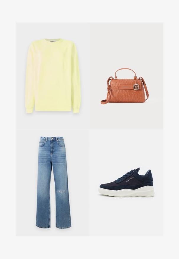 Világos sárga pamut pulóver, hosszú ujjal, kerek nyakkal és bordázott szegéllyel. Elöl "STIEGLITZ" felirattal.; Világoskék, bő szárú farmernadrág, magas derékkal és öt zsebes kialakítással, a bal combon "STIEGLITZ" hímzéssel.; Sötét tengerészkék velúr sportcipő fehér gumi talppal, lekerekített orral és fűzős kialakítással. Az oldalon logó részlet és textúrált díszítések találhatóak.; Narancssárga bőr kézitáska, dombornyomott logóval, felső fogantyúval, állítható vállpánttal és ezüst színű fém részletekkel.