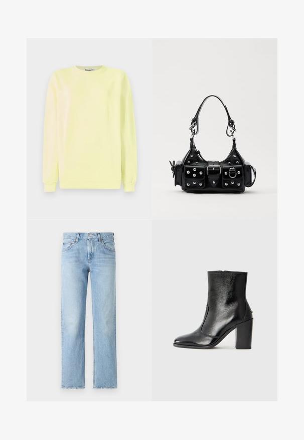 Felpa gialla chiara in cotone, con maniche lunghe, colletto tondo e orlo a coste. "STIEGLITZ" impresso sulla parte anteriore.; Jeans in denim blu chiaro con vestibilità dritta, cinque tasche, chiusura con bottone e cerniera e una finitura leggermente sbiadita.; Stivale alla caviglia in pelle nera, con una superficie liscia, punta affilata e tacco alto e massiccio. Presenta una apertura laterale e un design minimalista.; Borsa a mano in pelle nera con design curvo, caratterizzata da borchie argentate, una fibbia e due tasche laterali. Tracolla regolabile per diverse opzioni di trasporto.