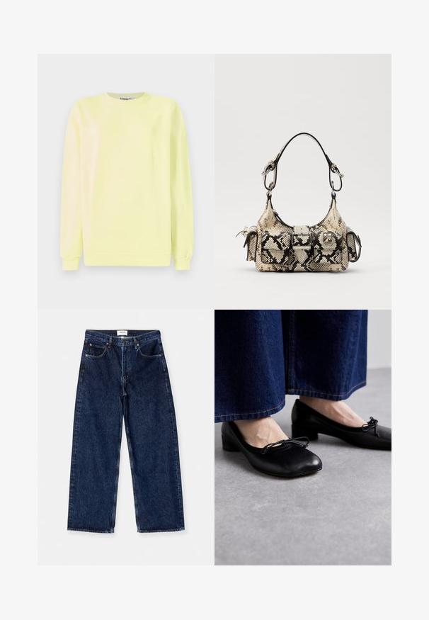 Světle žlutá mikina z bavlny, s dlouhými rukávy, kulatým výstřihem a žebrovaným lemem. Na přední straně je vytlačený nápis "STIEGLITZ".; Tmavě modré džínové kalhoty s širokými nohavicemi, vysokým pasem, předními kapsami a hladkou texturou s jemnými vyšitými detaily.; Černé kožené boty se čtveratou špičkou a nízkým podpatkem, s dekorativní mašlí na přední straně. Nosené s tmavými džíny.; Pythonový tiskový kabelka v béžové a černé barvě, s výrazným tvarem, detaily s přezkou a dvojitými ramenními popruhy. Texturovaný povrch.