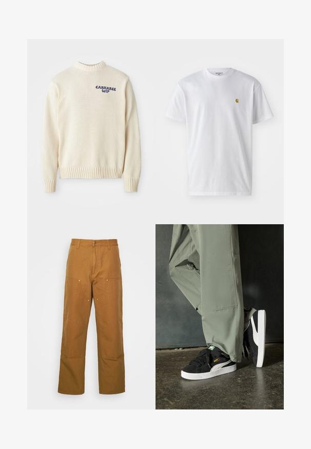 Cream knitted sweater with a round neck, ribbed cuffs and hem, featuring blue "Carhartt WIP" logo on the front. Textured fabric.; White cotton t-shirt with short sleeves, crew neck, featuring a small gold logo on the left chest area. Soft texture and regular fit.; Brown cotton utility pants with a straight leg design, featuring front pockets and metal hardware accents for added durability.; Black suede sneakers with white rubber soles and side stripes, paired with light green cargo pants, standing on a textured dark surface.