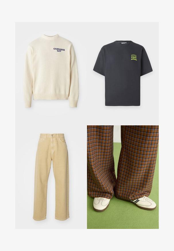 Kremasti pleteni pulover s okruglim izrezom, rebrastim manžetama i donjim rubom, s plavim "Carhartt WIP" logotipom sprijeda. Teksturalna tkanina.; Majica Adidas u boji ugljena s kratkim rukavima i malim grafikom u neon zelenoj boji koja prikazuje zvučnike, sunce i Adidas logotip na lijevoj strani prsnog koša.; Bež traperice ravnog kroja, s pet džepova, zatvaranjem na gumb i čisto završenim rubom. Mekana tekstura.; Smeđe i plave karirane široke hlače uparene s bijelim cipelama s crnim akcentima i teksturiranim potplatom, na zelenoj pozadini.