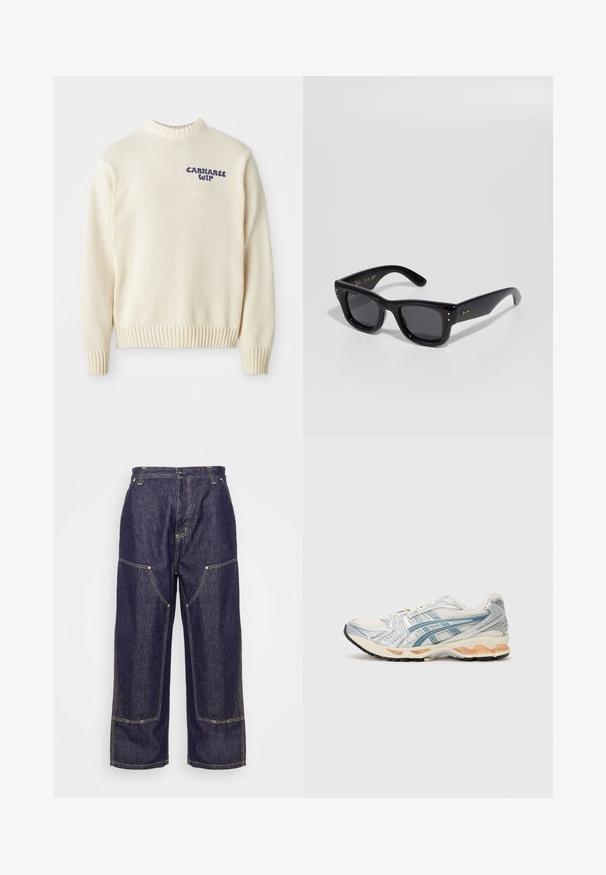 Cremfarbener Strickpullover mit Rundhalsausschnitt, gerippten Bündchen und Saum, mit blauem "Carhartt WIP"-Logo auf der Vorderseite. Strukturierter Stoff.; Carhartt WIP NASH PANT SMITH - Jeans Relaxed Fit - blue rinsed; Laufschuh mit einem leichten Mesh-Obermaterial in Silber und Blau, einer gepolsterten beigen Zwischensohle und einer strapazierfähigen schwarzen Gummisohle.; Schwarze Sonnenbrille mit glänzender Oberfläche, rechteckigem Rahmen, dunklen Gläsern und goldenen Logoakzenten an den Bügeln. Zwei goldene Punkte an jeder vorderen Ecke.