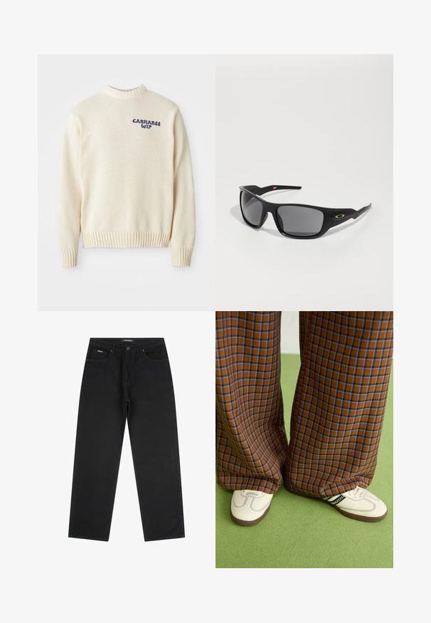 Krémový pletený sveter s okrúhlym výstrihom, rebrovanými manžetami a lemom, s modrým logom "Carhartt WIP" na prednej strane. Textúrovaná tkanina.; Čierne rovné džínsy so zapínaním na gombík a zips, pútka na opasok a dizajn s piatimi vreckami, položené na bielom pozadí.; Hnedé a modré kárované nohavice s širokými nohavicami skombinované s bielymi topánkami s čiernymi akcentmi a textúrovanými podrážkami, umiestnené na zelenom pozadí.; Čierne slnečné okuliare s obdĺžnikovým tvarom, vyrobené z odolného plastu, s šedými tónovanými sklami a zlatým akcentom na boku.