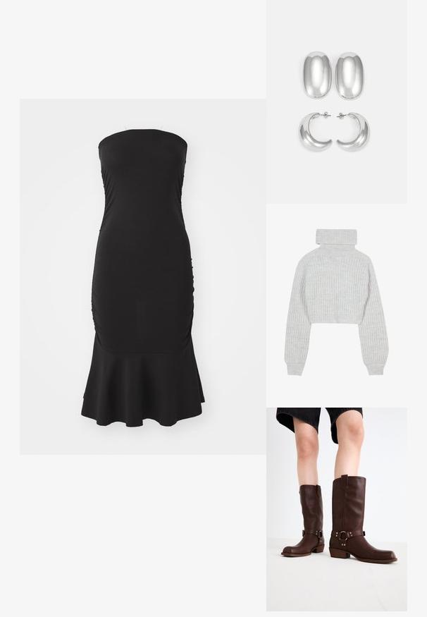 Hellgrauer, kurz geschnittener Strickpullover mit hohem Rollkragen, weiten Ärmeln und strukturiertem Rippmuster. Weiches Material mit einem leicht lockeren Sitz.; Schwarzes trägerloses Kleid aus dehnbarem Material mit Raffung an den Seiten und einem ausgestellten Saum. Glatte Textur mit einer figurbetonten Silhouette.; Braune kniehohe Stiefel aus Leder mit runder Zehenform, strukturiertem Obermaterial, Knöchelriemen und silbernen Hardware-Details; mit gestapeltem Absatz.; Silberfarbener Ohrring-Satz: zwei ovale Stecker und zwei halbmondförmige Creolen, mit einer glänzenden, glatten Oberfläche und einem abgerundeten Design.