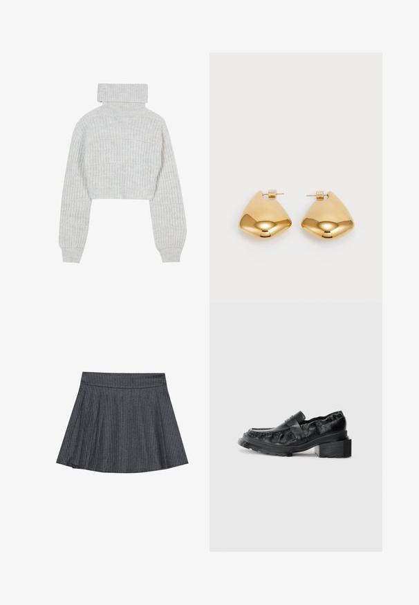 Ljusgrå, kort stickad tröja med hög muddkant, vida ärmar och strukturerat ribbmönster. Mjuk material med en något lös passform.; Grårandig skaterkjol med en åtsittande midja, utsvängd A-linjeform och mjuk tygtextur. Vertikala linjer ökar den visuella intresset.; Svarta läderloafers med en strukturerad sula, som har en något upphöjd klack och en texturerad ovandel, säkrad med ett framgående band.; Guldtonade metallörhängen med en slät, rundad triangulär form och design med postback; reflekterande yta med minimal detaljering.