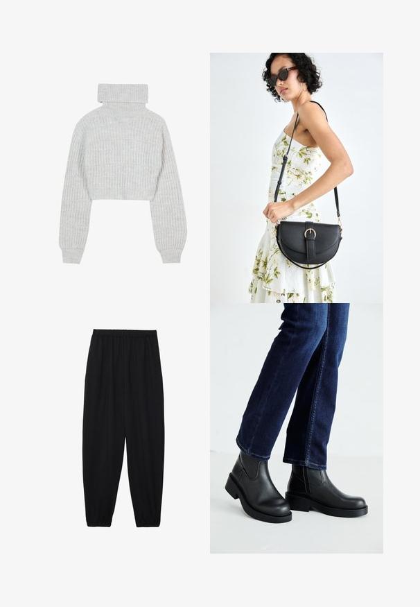 Lichtgrijze, een geknipte gebreide trui met een hoge col, brede mouwen en een gestructureerd ribbelpatroon. Zacht materiaal met een iets losse pasvorm.; Zwarte, lichte broek met een elastische tailleband en gathered enkels. De stof is glad en heeft een ontspannen, taps toelopend ontwerp.; Zwarte leren enkelboots met een dikke zool en zij-elastische panelen, gecombineerd met donkerblauwe jeans. De grond is lichtgekleurd.; Zwarte leren handtas met een gebogen vorm, afneembare schouderband en gouden hardware. De tas heeft een klep met een gespsluiting.