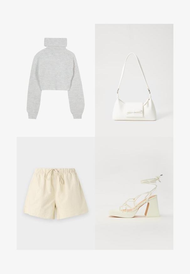 Hellgrauer, kurz geschnittener Strickpullover mit hohem Rollkragen, weiten Ärmeln und strukturiertem Rippmuster. Weiches Material mit einem leicht lockeren Sitz.; Beige Shorts mit elastischem Bund und Kordelzug, entspannter Schnitt und glatter Textur. Keine sichtbaren Taschen oder Muster.; Weiße High-Heel-Sandale mit einem klobigen Absatz, die über ein Riemchendesign und ein Knöchelband verfügt. Glatte Textur mit einer Plattform vorne für zusätzliche Höhe.; Weiße synthetische Handtasche in dreieckiger Form, flache Vorderklappe und Schleifendetail, verstellbarer Trageriemen, glatte Textur und minimalistisches Design.