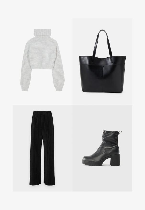 Šviesiai pilkas, trumpas megztinis su aukštu apykakliu, plačiomis rankovėmis ir tekstūruota raštu. Minkšta medžiaga su šiek tiek laisvu prigludimu.; Juodi plisuoti kelnės su elastine juosta. Turėkite plačias kojas ir glotnų, tekstūrinį audinį su vertikaliais dryžiais.; Juodos kulkšninių botai, pagaminti iš lygaus odos, su šoniniu užtrauktuku, masyviu tekstūruotu kulnu ir apvaliu pirštu.; Juoda odinė rankinė su dviem ilgais diržais, lygiu paviršiumi ir struktūrizuota forma. Yra priekinė kišenė papildomam saugojimui.