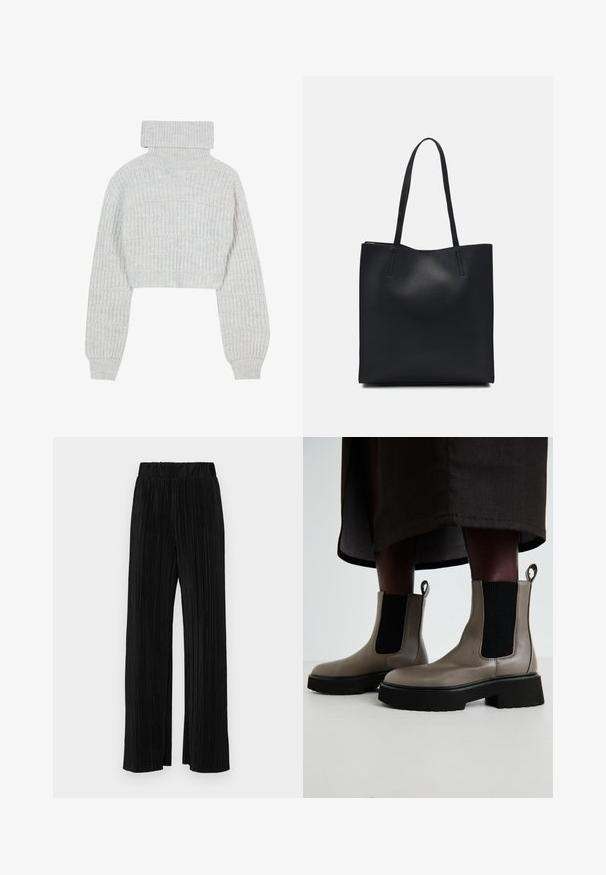 Gaiši pelēks, īss adīts džemperis ar augstu apkakli, plati piedurknes un teksturētu ribu rakstu. Mīksts materiāls ar nedaudz brīvu piegriezumu.; Melni plīšu bikses ar elastīgu jostu. Tām ir platākas kājas un gluda, teksturēta auduma ar vertikālām svītrām.; Pelēki potītes zābaki, kas izgatavoti no teksturētas ādas, ar elastīgām sānu paneļām un masīvu melnu zoli. Ar vilkšanas cilpām vieglai uzvilkšanai.; Melnas ādas somiņa ar gludu tekstūru, taisnstūra formu un divām garām rokturiem. Nav redzamu aparatūras vai rotājumu.