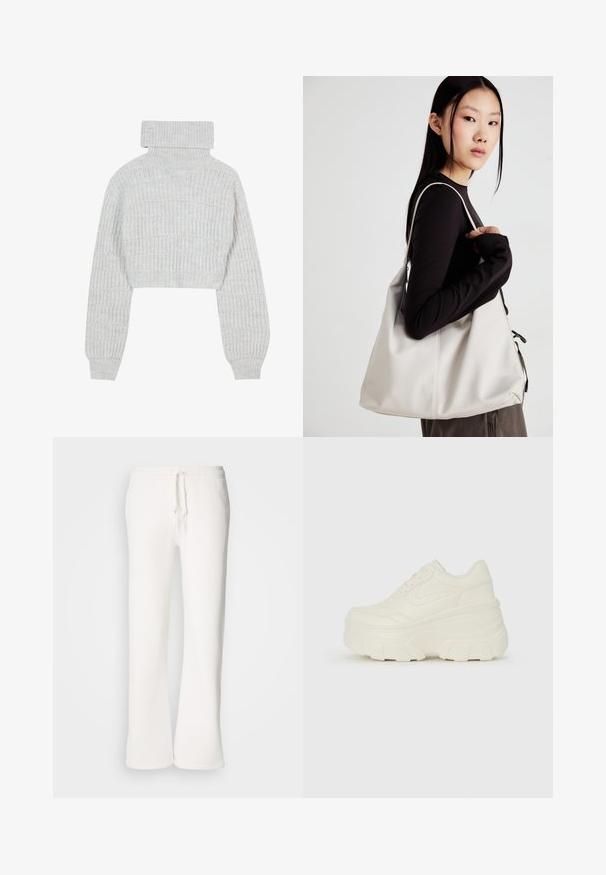 Hellgrauer, kurz geschnittener Strickpullover mit hohem Rollkragen, weiten Ärmeln und strukturiertem Rippmuster. Weiches Material mit einem leicht lockeren Sitz.; Weiße, locker sitzende Schlafanzughosen aus weichem Material, mit einem elastischen Bund und Kordelzug sowie geradem Bein.; Weiße Platform Sneakers mit einem glatten, lederähnlichen Obermaterial, abgerundeter Form, gepolstertem Kragen und strukturierten Gummisohlen mit ausgeprägten Stollen.; Beige Handtasche aus weichem Material, mit einem lässigen Design, gesteppten Details und zwei Schulterriemen. Geeignet für den täglichen Gebrauch.