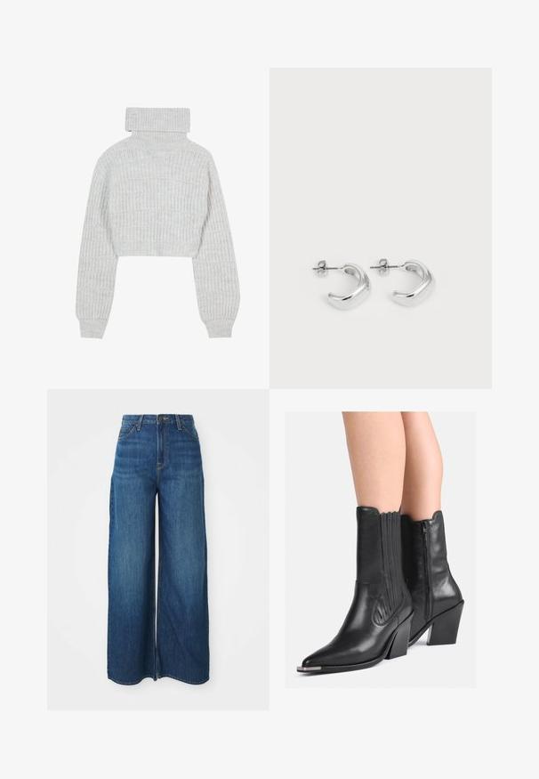 Maglione a collo alto, grigio chiaro, a maniche ampie e con un motivo a coste testurizzate. Tessuto morbido con una vestibilità leggermente ampia.; Jeans in denim blu a vita alta e gamba larga, con tasche frontali, passanti per cintura, chiusura a bottone e cuciture visibili su uno sfondo bianco.; Stivali cowboy in pelle nera a metà polpaccio con punta appuntita, tacco impilato, zip laterale e cuciture decorative indossati su gambe nude.; Orecchini a cerchio in argento con una finitura liscia e lucida. Forma rotonda con un design leggermente curvato e bordi sfumati. Chiusura a perno.
