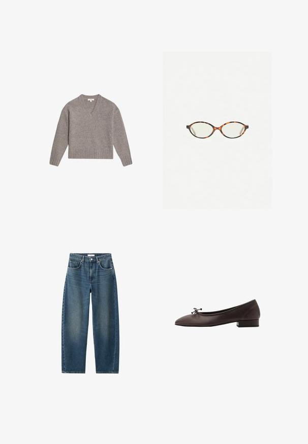 V-hals trui in lichtgrijs, gemaakt van een zachte wolmix. Voorzien van geribde manchetten en zoom, met een relaxte pasvorm en lange mouwen.; Mouwloze witte jurk met een ronde halslijn en een asymmetrische zoom die aan de ene kant tot een punt hangt.; Donkerblauwe denim jeans met een rechte pijp, vijf-pocket ontwerp en een klassieke knoopsluiting. Zachte textuur met subtiele vervaging.; Bruine leren balletschoen met een ronde neus en een kleine blokhak. Kenmerkt zich door een dunne strik aan de voorkant en subtiele stikdetails.; Kattenoogbril met ovale lenzen en een strakke, gladde afwerking. Heeft dunne zijkanten met een subtiele kromming bij de slapen. Transparante lenzen.; Geweven gele handtas met een gebogen handvat aan de bovenkant en een ongestructureerde vorm. Het gestructureerde oppervlak heeft een kruissteekpatroon over de hele tas.