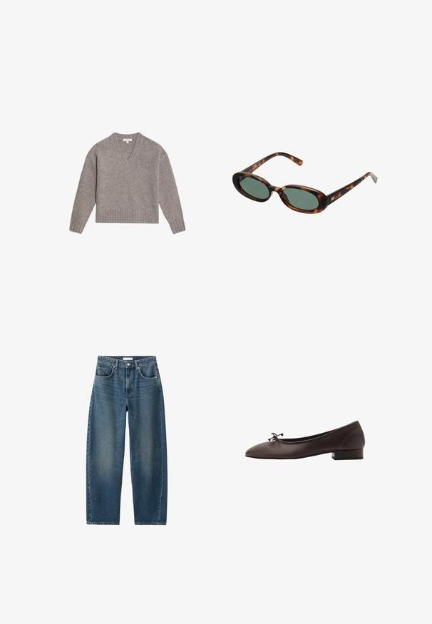 Maglione a V in grigio chiaro, realizzato in un morbido misto lana. Presenta polsini e orlo a costine, con una vestibilità ampia e maniche lunghe.; Abito bianco senza maniche con scollo rotondo e un orlo asimmetrico che si drappeggia a punta su un lato.; Jeans in denim blu scuro con gamba dritta, design a cinque tasche e chiusura con bottone classica. Texture morbida con leggera scoloritura.; Ballerina in pelle marrone con punta arrotondata e tacco a blocco piccolo. Presenta un sottile fiocco sul davanti e dettagli di cucitura discreti.; Occhiali da sole tartarugati con montatura ovale e lenti verdi. Presentano aste sottili con un accento metallico vicino alle cerniere.; Borsa a tracolla gialla intrecciata con manico curvo e forma non strutturata. La superficie testurizzata presenta un motivo a incrocio.