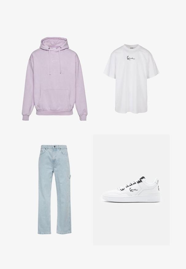 Rózsaszínes lila kapucnis pulóver, húzózsinórral, elülső zsebbel és fehér logóval a mellkason. Puha, texturált anyagból készült.; Fehér pamut póló kerek nyakkivágással és rövid ujjakkal, a mellkasán középen elhelyezett fekete hímzett logóval.; Világoskék farmernadrág egyenes lábú szabással, elülső és hátsó zsebekkel, valamint egy oldalsó cargo zsebbel. Simaszerkezet, laza stílus.; Fehér bőr sportcipő fekete akcentusokkal, oldalon található jellegzetes logóval, kerek orral és textúrált gumitalppal.