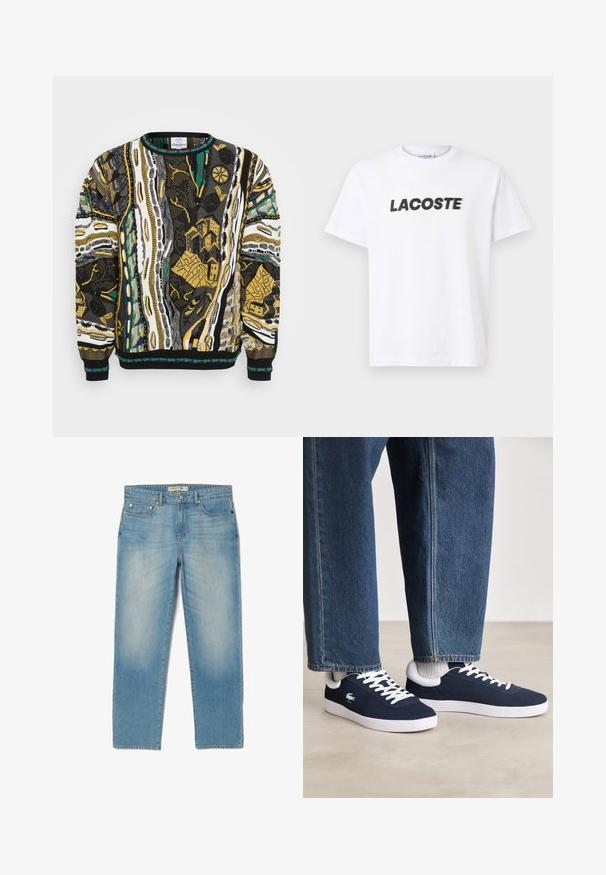 Pull en tricot présentant des motifs abstraits vibrants en noir, blanc, jaune et vert. Encolure ronde et bords-côtes viennent compléter le design.; T-shirt en coton blanc avec un logo noir "LACOSTE" bien visible sur la poitrine. Manches courtes et col rond.; Jean en denim bleu clair au design droit, avec cinq poches et un délavage légèrement usé. Présente des accessoires en acier inoxydable et une étiquette de taille avec la marque.; Baskets en toile bleue avec des lacets blancs et des semelles en caoutchouc, présentées avec un pantalon en denim et des chaussettes côtelées grises, sur une surface gris clair.