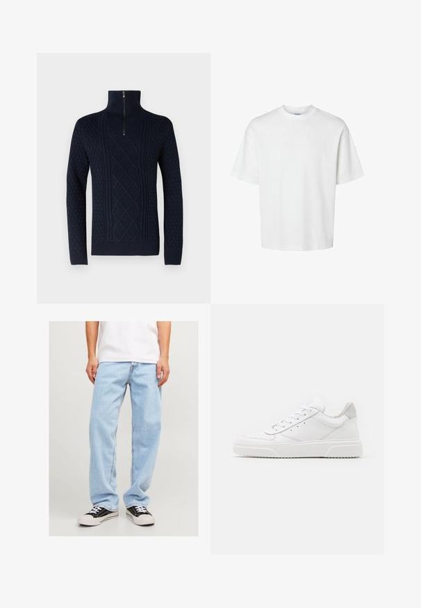 Tumesinine kootud sviiter kõrge kraega, poolsiidiga, tekstuuriga mustritega ja ribidega mansettidega. Omab kuld- ja kaablipalmiku mustreid.; Valge puuvillane t-särk lühikeste varrukatega, ümmarguse kaelusega ja lõdva lõikega. Sile tekstuur, ilma nähtavate mustrite või aktsentideta.; Heledad sinise denim'iga teksased, millel on vabalt istuv lõige, sirge sääre disain ja tavaline õmblus, koos mustade tossudega.; Valged nahast spordijalatsid siledast nahast viimistlusega, ümarate varvastega, lamekestega ja tekstuuriga tallaga. Hall suede aktsent kanna juures.